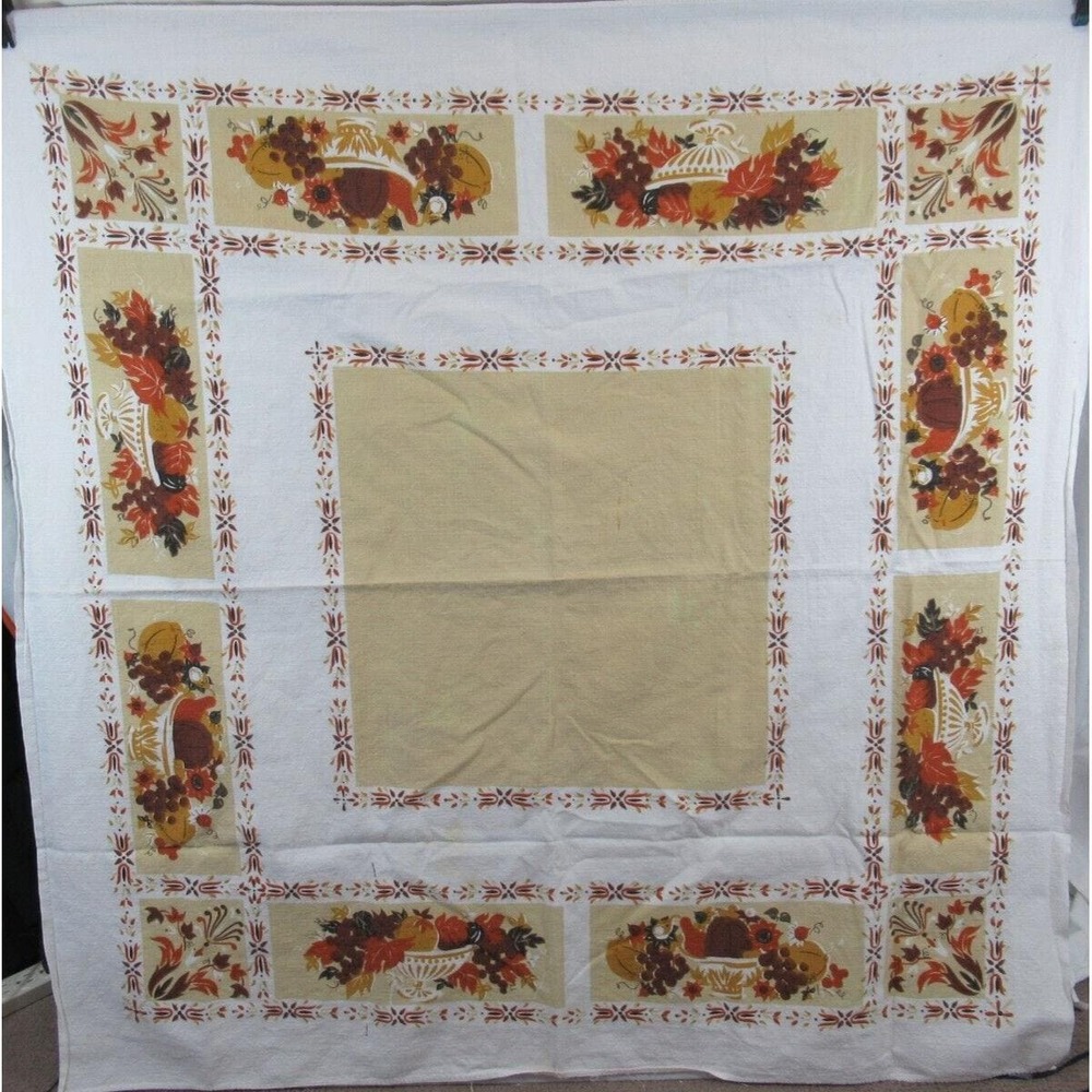 Vintage Fruit Floral Print Cotton Tablecloth 46" Square Brown/Beige